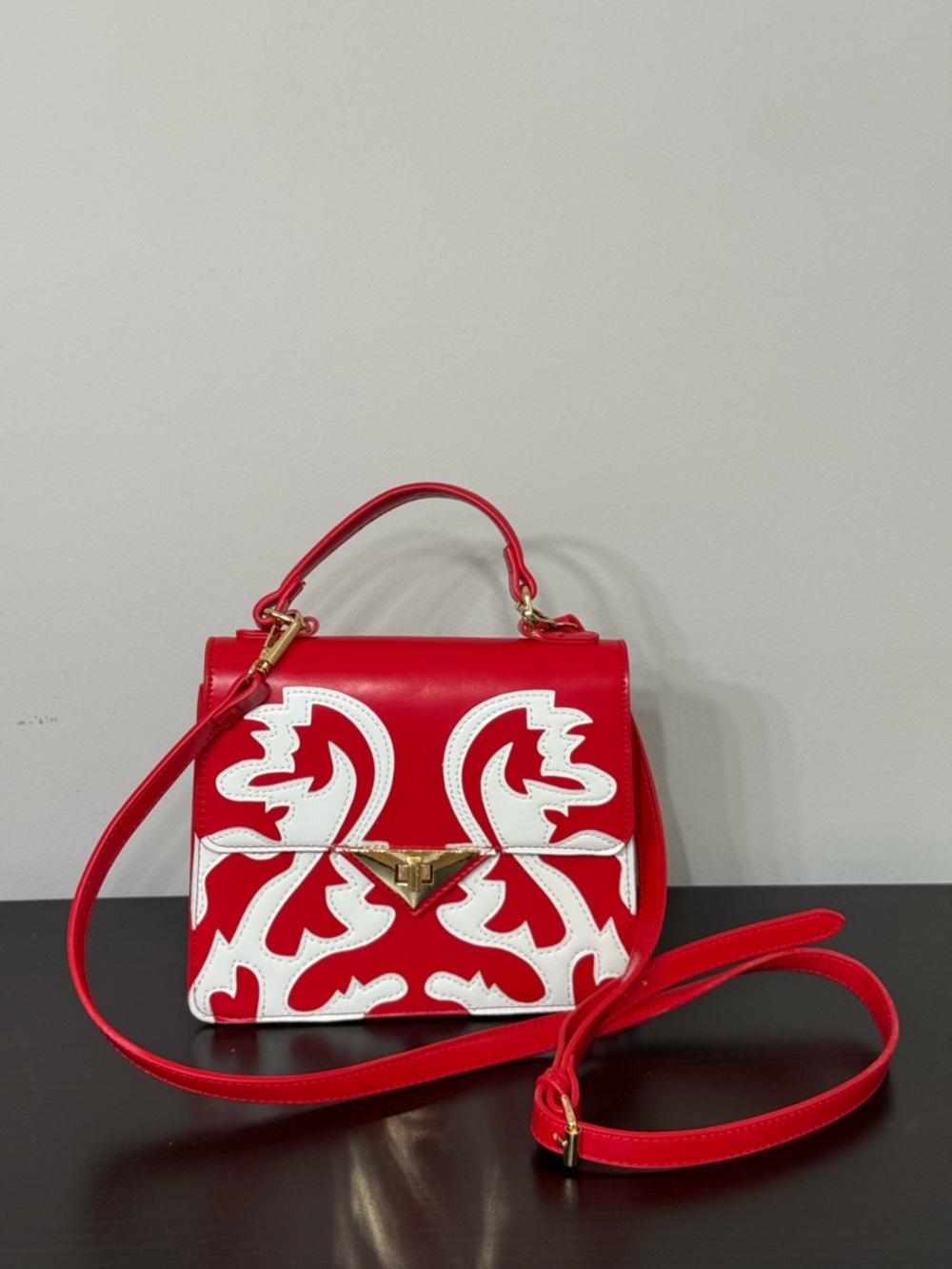 Red Leather Top-Handle Bag with White Appliqué